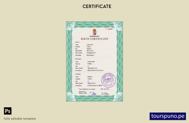listo para imprimir plantilla PSD de certificado de nacimiento de Hungría